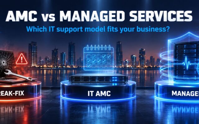 AMC vs managed services comparison graphic showing break-fix, IT AMC and managed IT support side by side