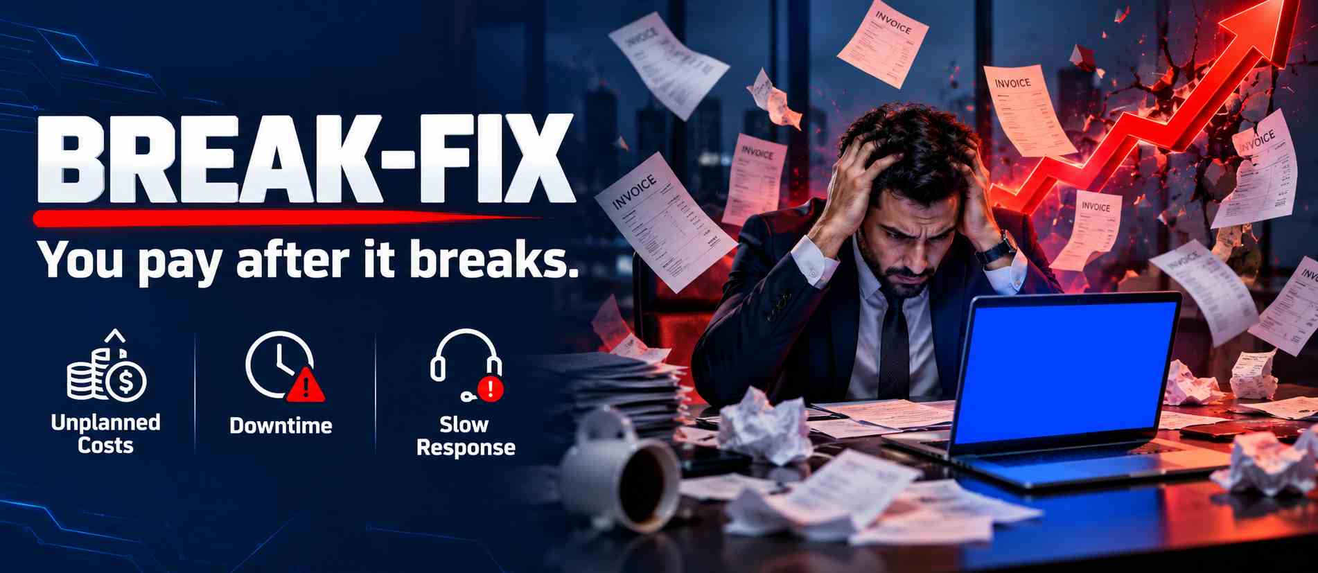 Graphic of a frustrated employee with a crashed laptop as repair invoices fly around, illustrating break-fix costs