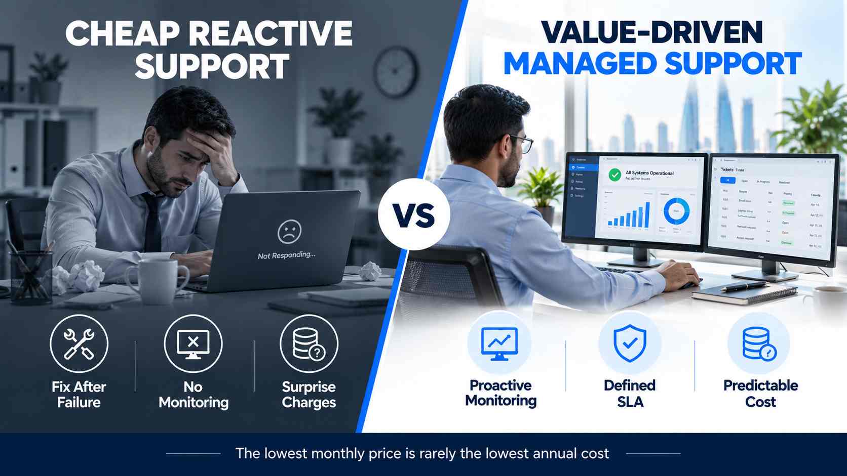 Split comparison graphic of cheap reactive IT support versus value-driven managed support