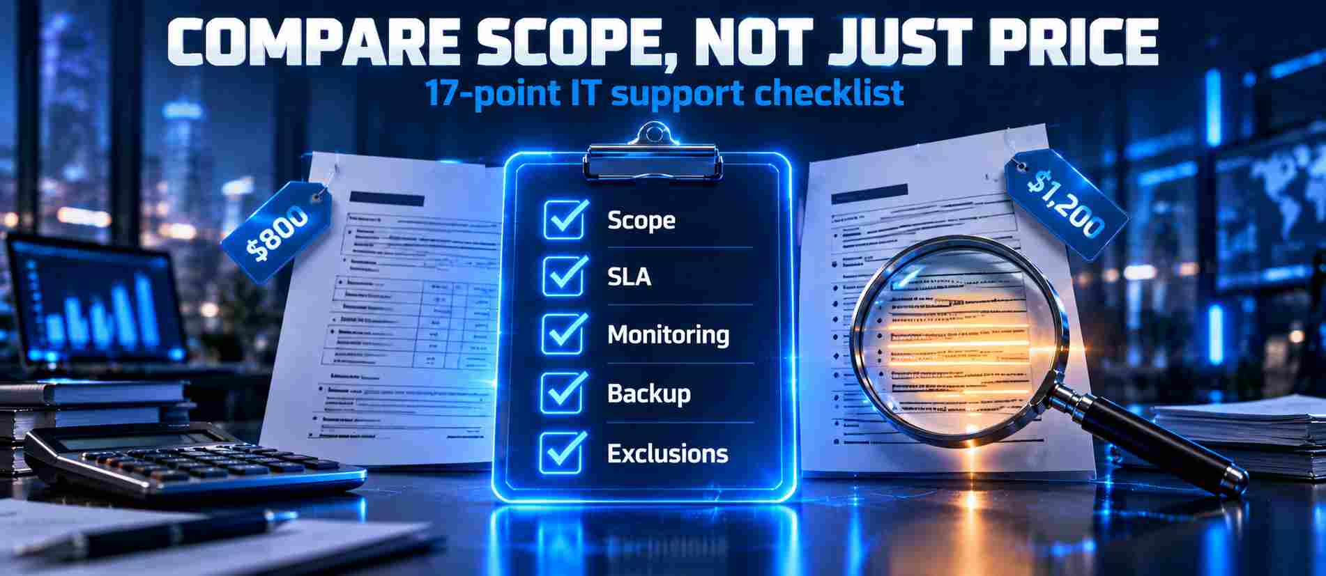 Graphic of a 3D checklist clipboard and magnifying glass over two IT support proposals, highlighting SLA, monitoring, backup and exclusions