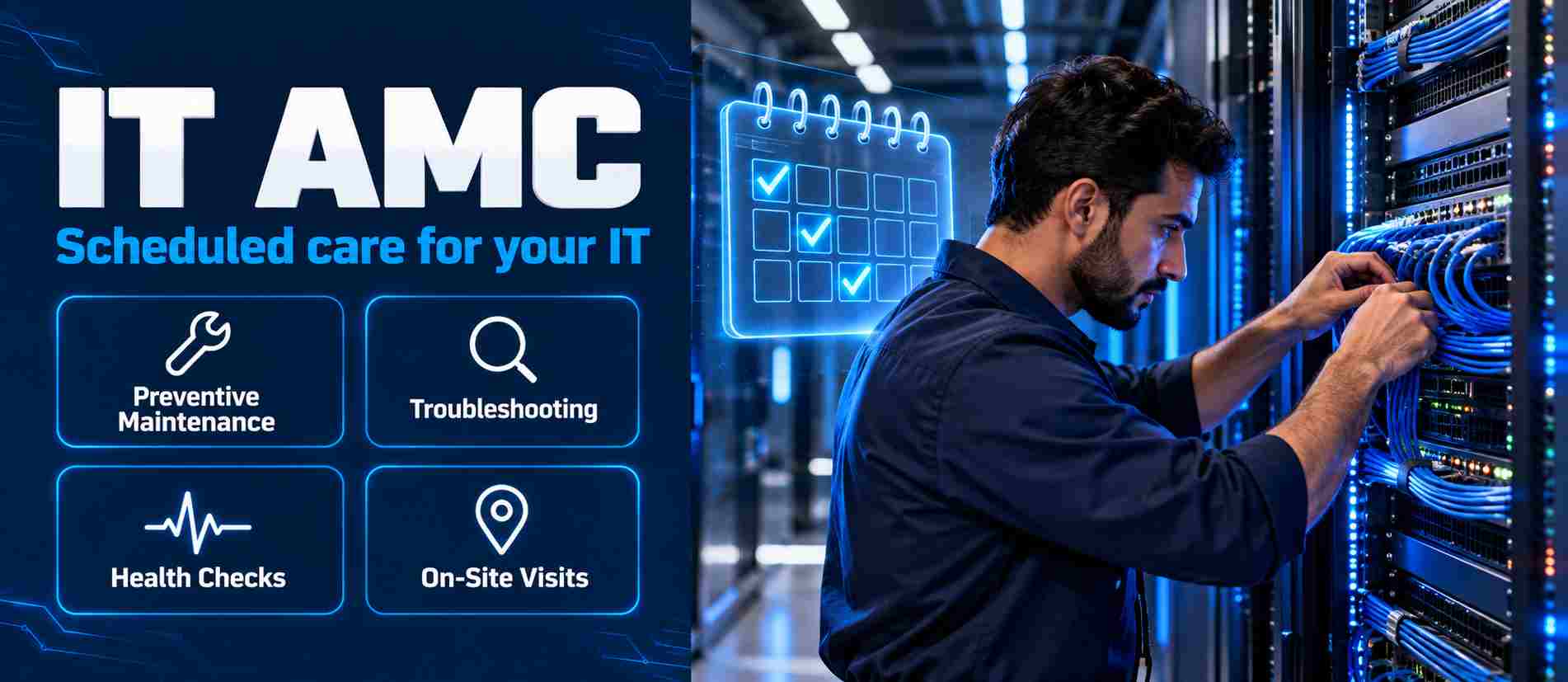 IT AMC graphic showing an engineer servicing a network rack with icons for maintenance, troubleshooting, health checks and on-site visits 