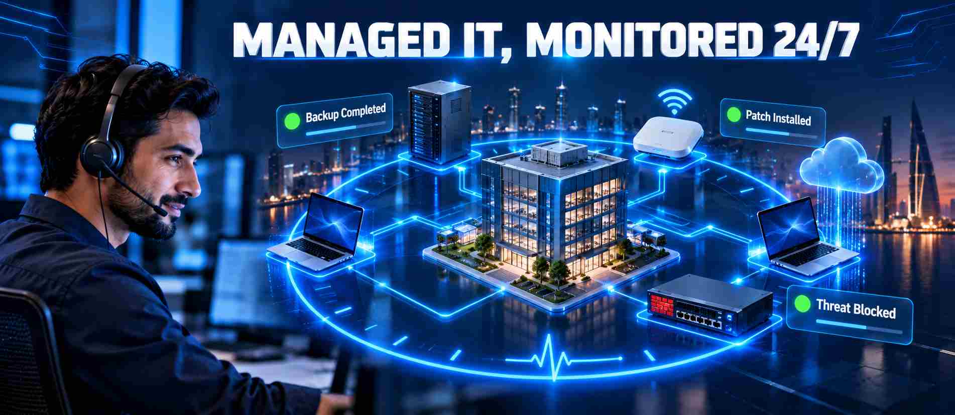 Managed IT services graphic of an office network surrounded by a 24/7 monitoring ring with live status alerts