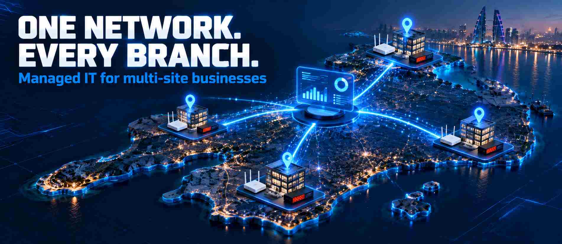 Isometric map graphic of branch offices in Bahrain connected by glowing network links to a central monitoring hub 