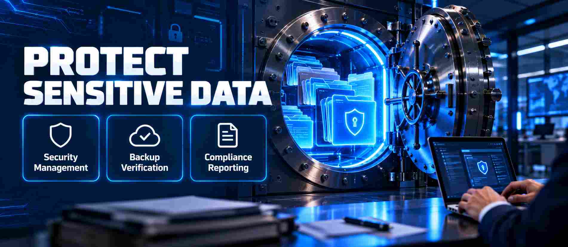 Graphic of a glowing digital vault protecting business files, with icons for security management, backup verification and compliance reporting 