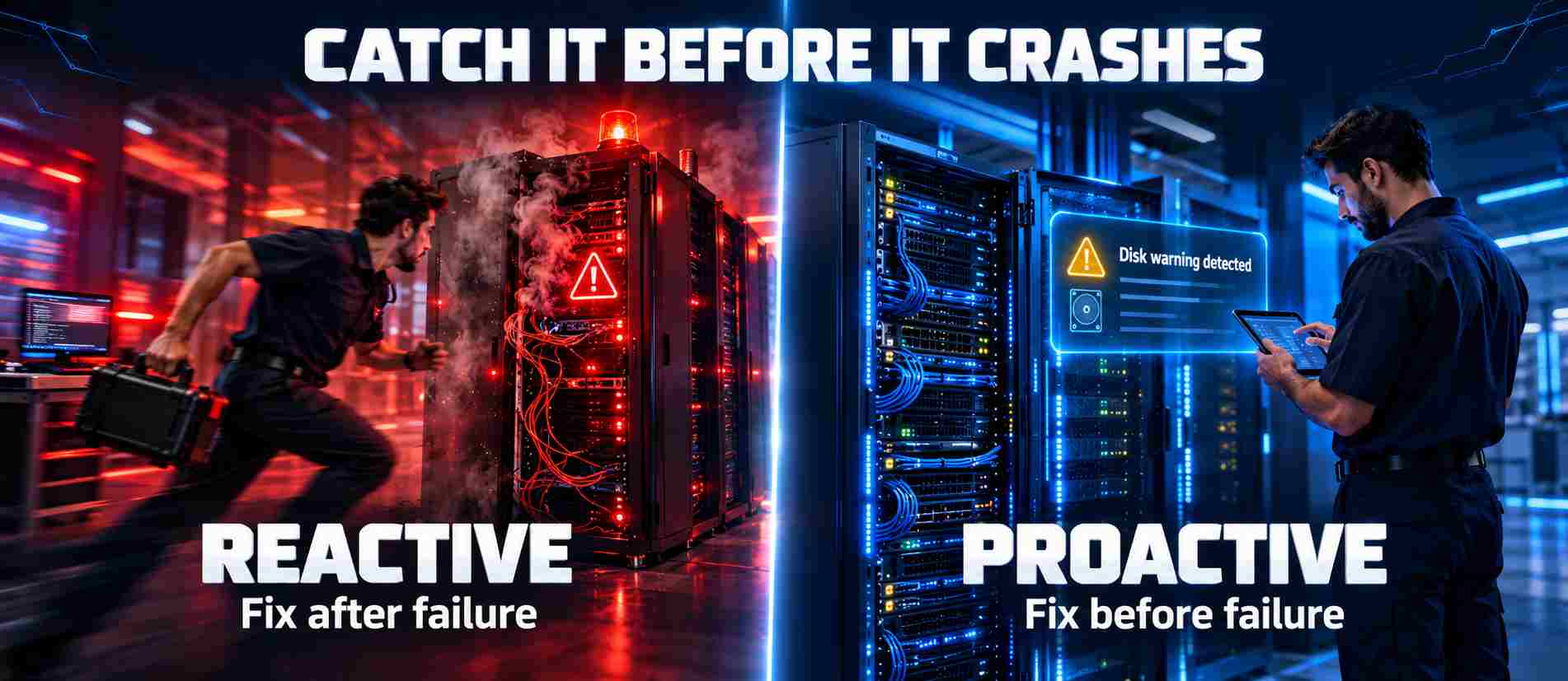 Split graphic contrasting a failed smoking server under reactive support with a healthy server flagged early under proactive monitoring