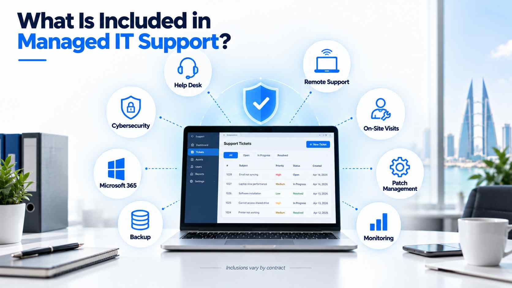 Icon graphic showing services included in managed IT support contracts